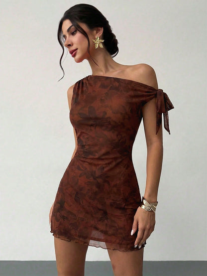 Firerie Women's Summer Floral Asymmetrical Shoulder Elegant Flowy Sexy Vacation Mini Dress Mesh Night Out Club Cocktail Party Outfit Brown Floral