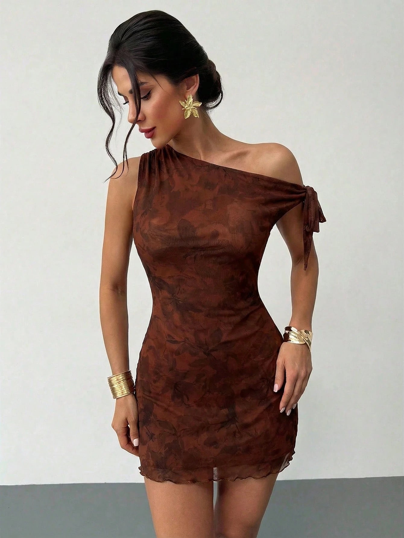 Firerie Women's Summer Floral Asymmetrical Shoulder Elegant Flowy Sexy Vacation Mini Dress Mesh Night Out Club Cocktail Party Outfit Brown Floral