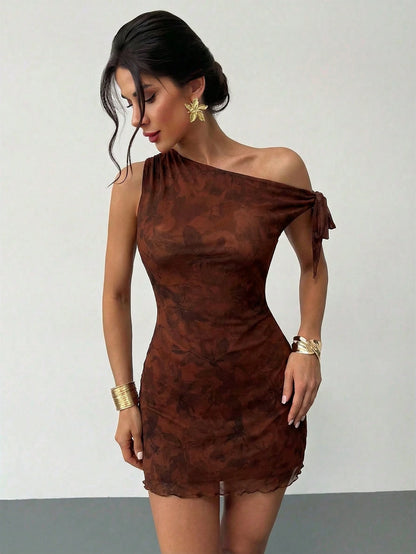 Firerie Women's Summer Floral Asymmetrical Shoulder Elegant Flowy Sexy Vacation Mini Dress Mesh Night Out Club Cocktail Party Outfit Brown Floral