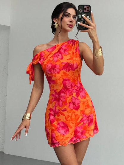 Firerie Women's Summer Floral Asymmetrical Shoulder Elegant Flowy Sexy Vacation Mini Dress Mesh Night Out Club Cocktail Party Outfit Brown Floral
