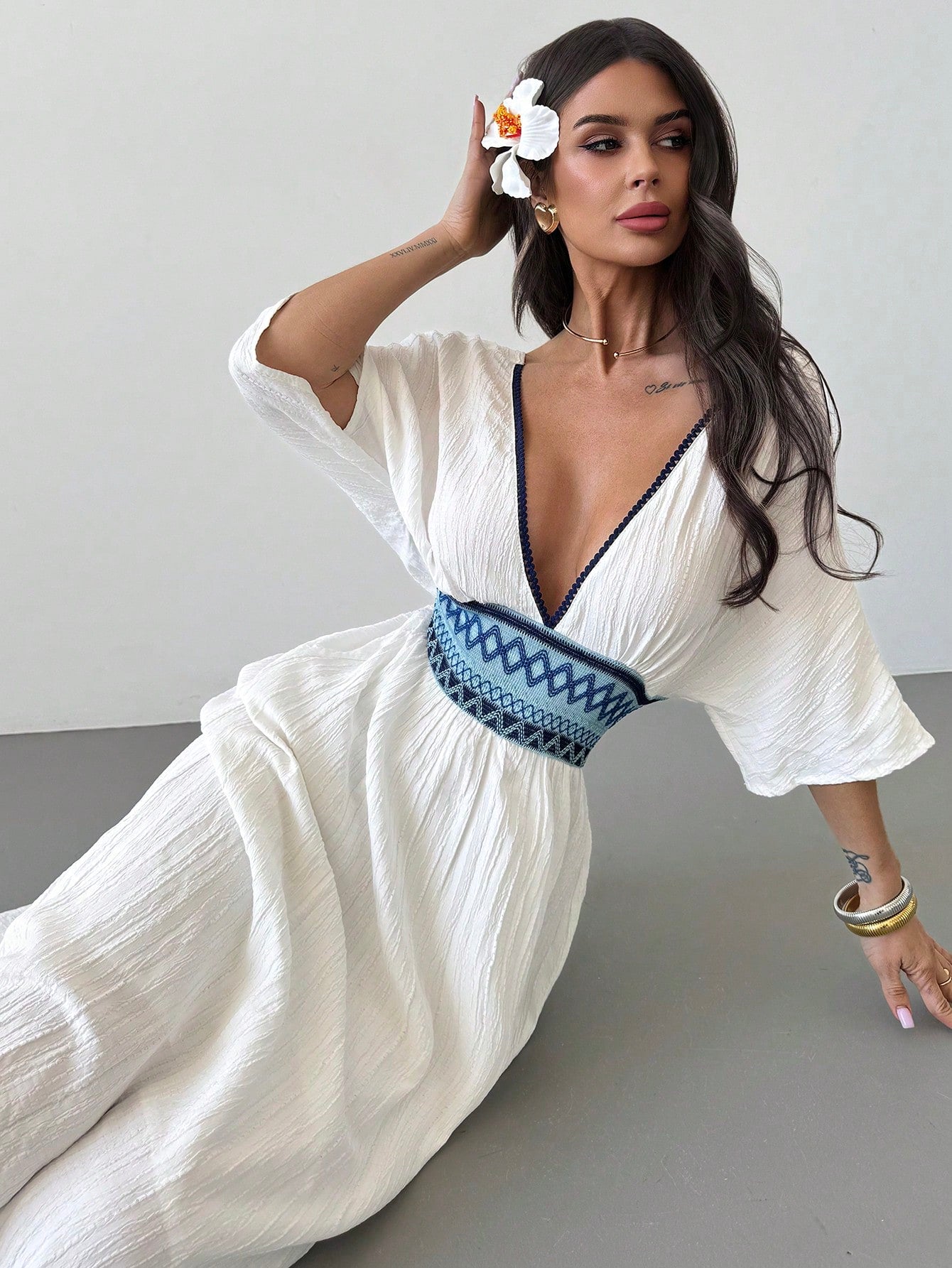 Firerie Women's White And Blue Floral V-Neck Bohemian Batwing Sleeve Summer Dress,Linen-Like Elegant Beach Hawaii Holiday Vacation Holiday Summer Boho