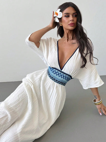 Firerie Women's White And Blue Floral V-Neck Bohemian Batwing Sleeve Summer Dress,Linen-Like Elegant Beach Hawaii Holiday Vacation Holiday Summer Boho
