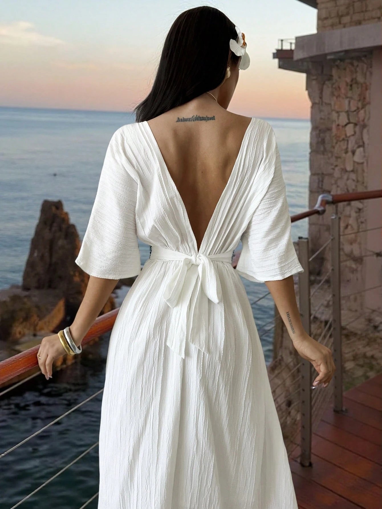 Firerie Women's White And Blue Floral V-Neck Bohemian Batwing Sleeve Summer Dress,Linen-Like Elegant Beach Hawaii Holiday Vacation Holiday Summer Boho