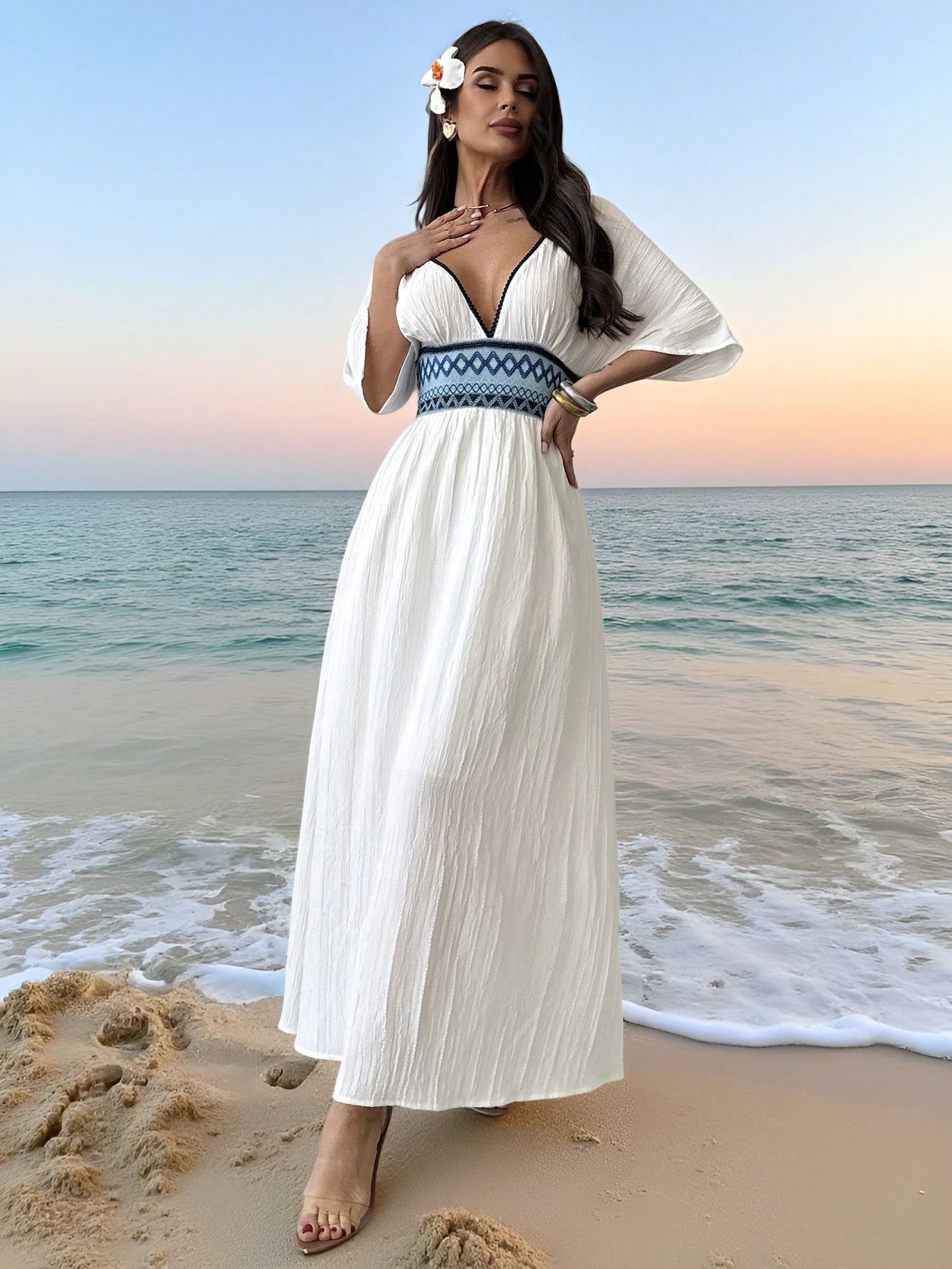 Firerie Women's White And Blue Floral V-Neck Bohemian Batwing Sleeve Summer Dress,Linen-Like Elegant Beach Hawaii Holiday Vacation Holiday Summer Boho