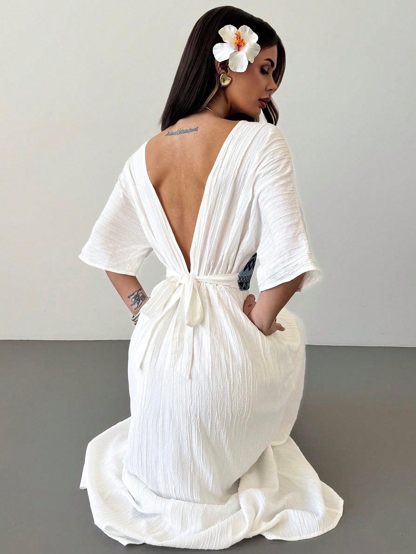 Firerie Women's White And Blue Floral V-Neck Bohemian Batwing Sleeve Summer Dress,Linen-Like Elegant Beach Hawaii Holiday Vacation Holiday Summer Boho