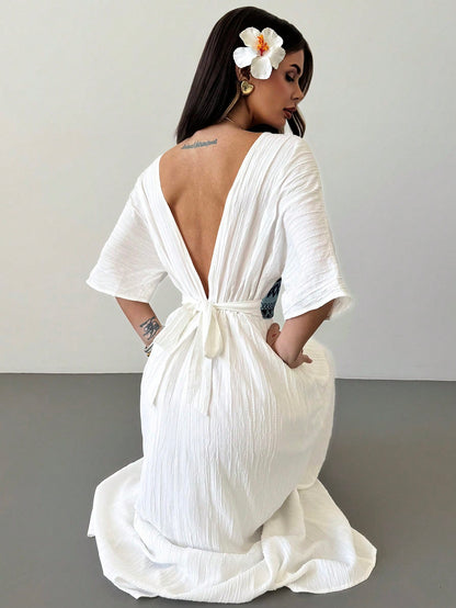 Firerie Women's White And Blue Floral V-Neck Bohemian Batwing Sleeve Summer Dress,Linen-Like Elegant Beach Hawaii Holiday Vacation Holiday Summer Boho