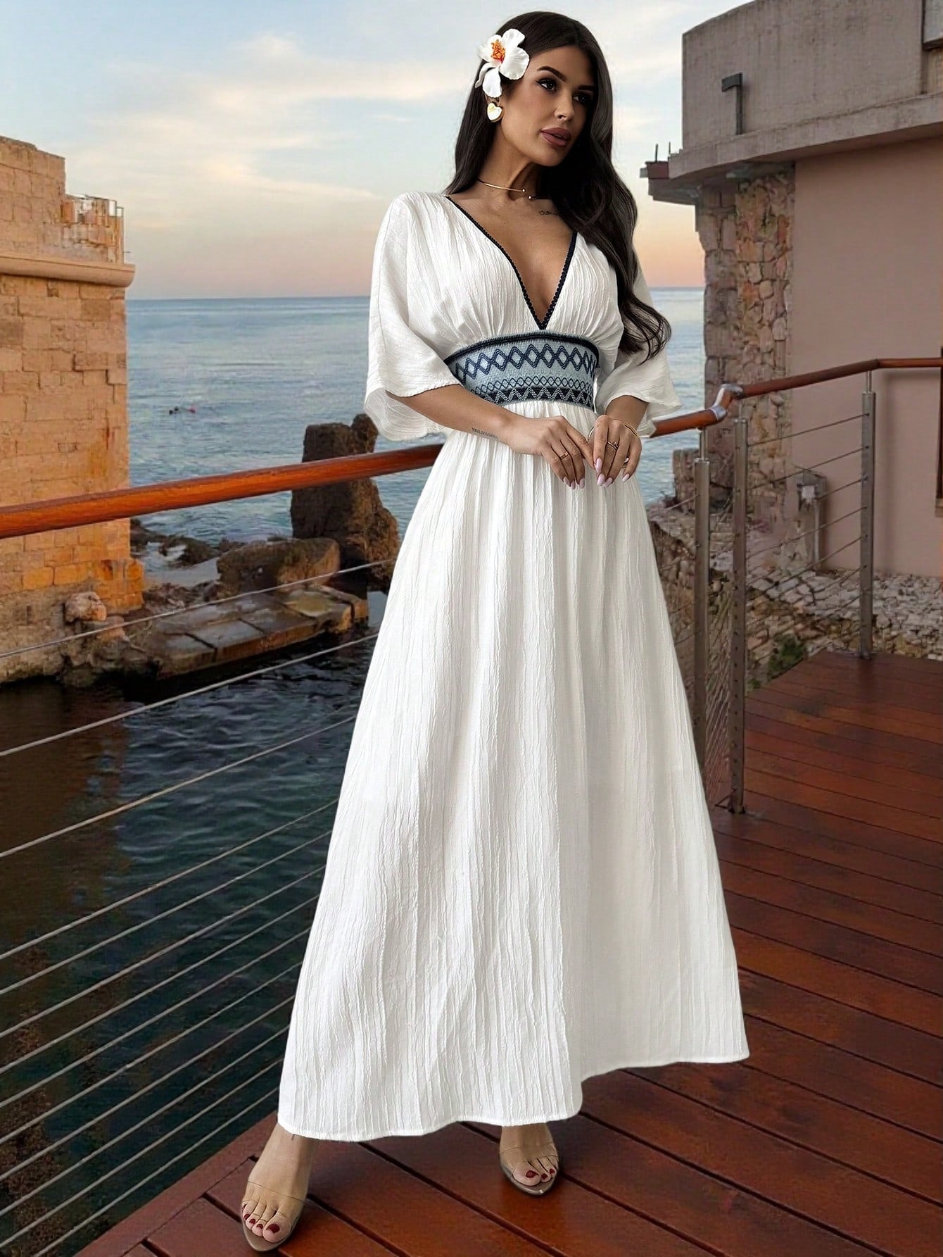Firerie Women's White And Blue Floral V-Neck Bohemian Batwing Sleeve Summer Dress,Linen-Like Elegant Beach Hawaii Holiday Vacation Holiday Summer Boho