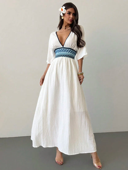 Firerie Women's White And Blue Floral V-Neck Bohemian Batwing Sleeve Summer Dress,Linen-Like Elegant Beach Hawaii Holiday Vacation Holiday Summer Boho