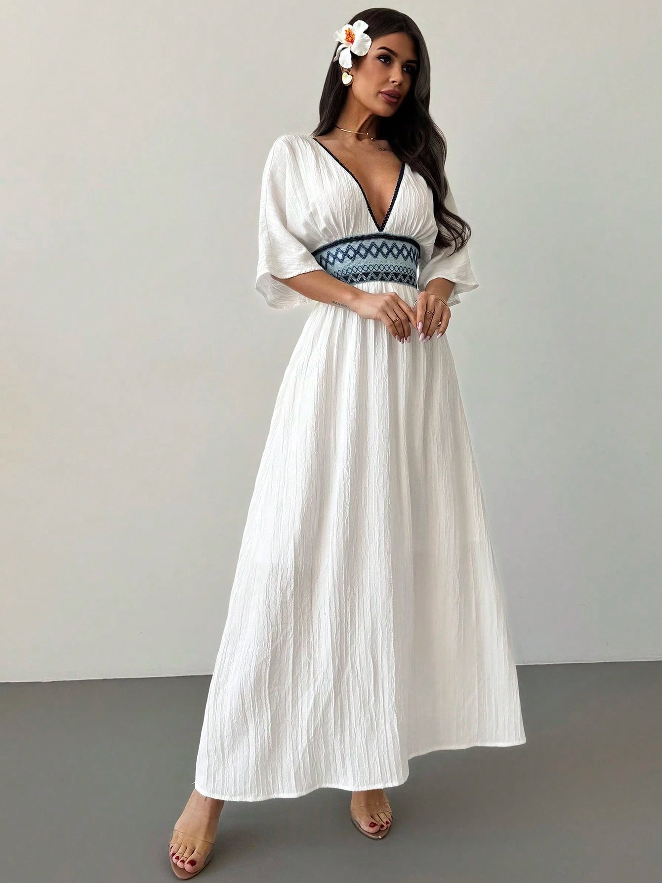 Firerie Women's White And Blue Floral V-Neck Bohemian Batwing Sleeve Summer Dress,Linen-Like Elegant Beach Hawaii Holiday Vacation Holiday Summer Boho