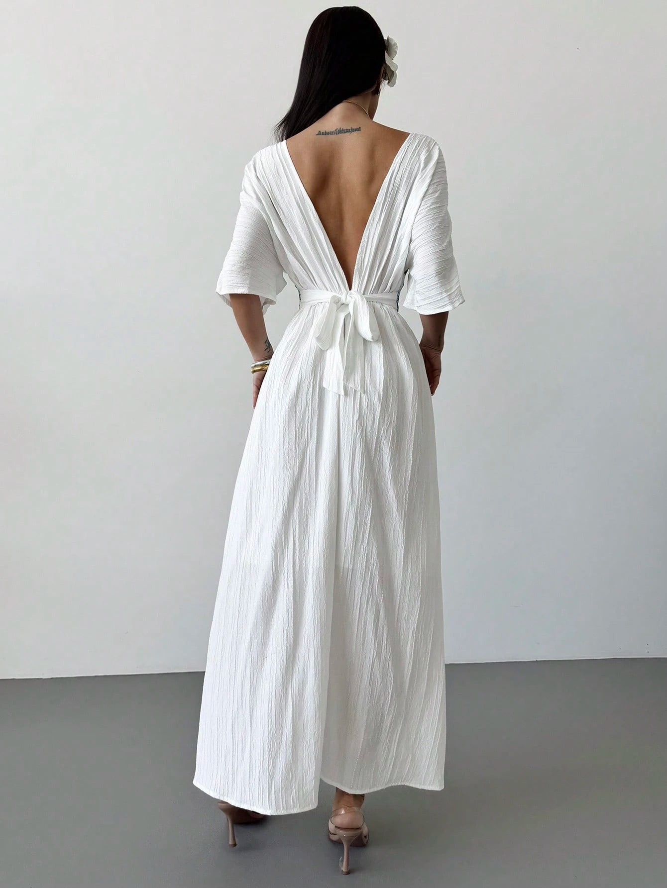 Firerie Women's White And Blue Floral V-Neck Bohemian Batwing Sleeve Summer Dress,Linen-Like Elegant Beach Hawaii Holiday Vacation Holiday Summer Boho