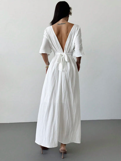 Firerie Women's White And Blue Floral V-Neck Bohemian Batwing Sleeve Summer Dress,Linen-Like Elegant Beach Hawaii Holiday Vacation Holiday Summer Boho