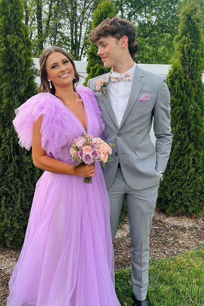 Flare Sleeves Light Purple Tulle Long Formal Dress