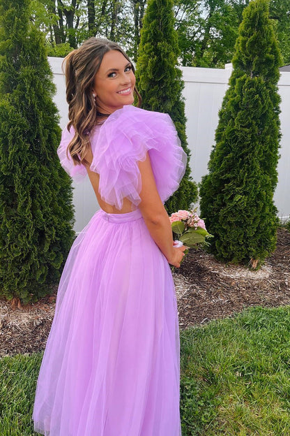 Flare Sleeves Light Purple Tulle Long Formal Dress