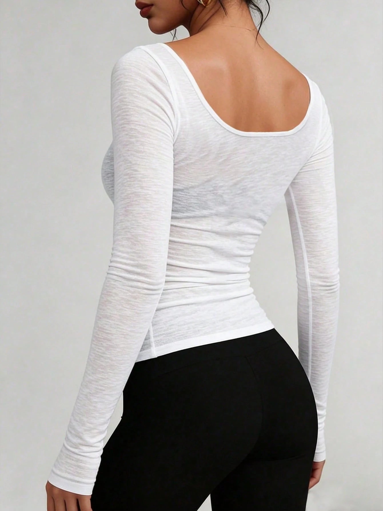 FLEXCHIC Plus Size Elastic Sheer Long Sleeve Scoop Neck Fitted T-Shirt, Casual Top, Valentine's Day Style Black