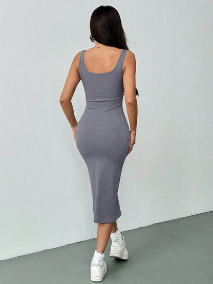 Flirla Casual Style Women's Midi Dress, Square Neck Button-Front Sleeveless Bodycon Maxi Dress With Side Slit,Petite Women