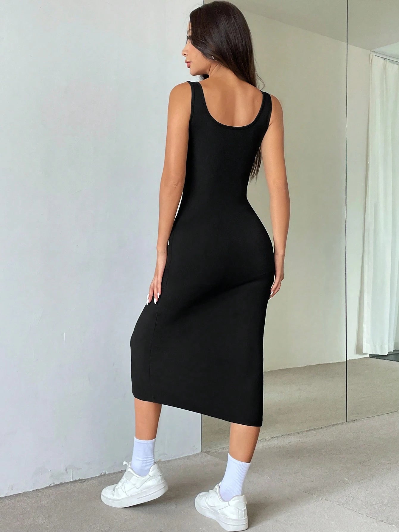 Flirla Casual Style Women's Midi Dress, Square Neck Button-Front Sleeveless Bodycon Maxi Dress With Side Slit,Petite Women