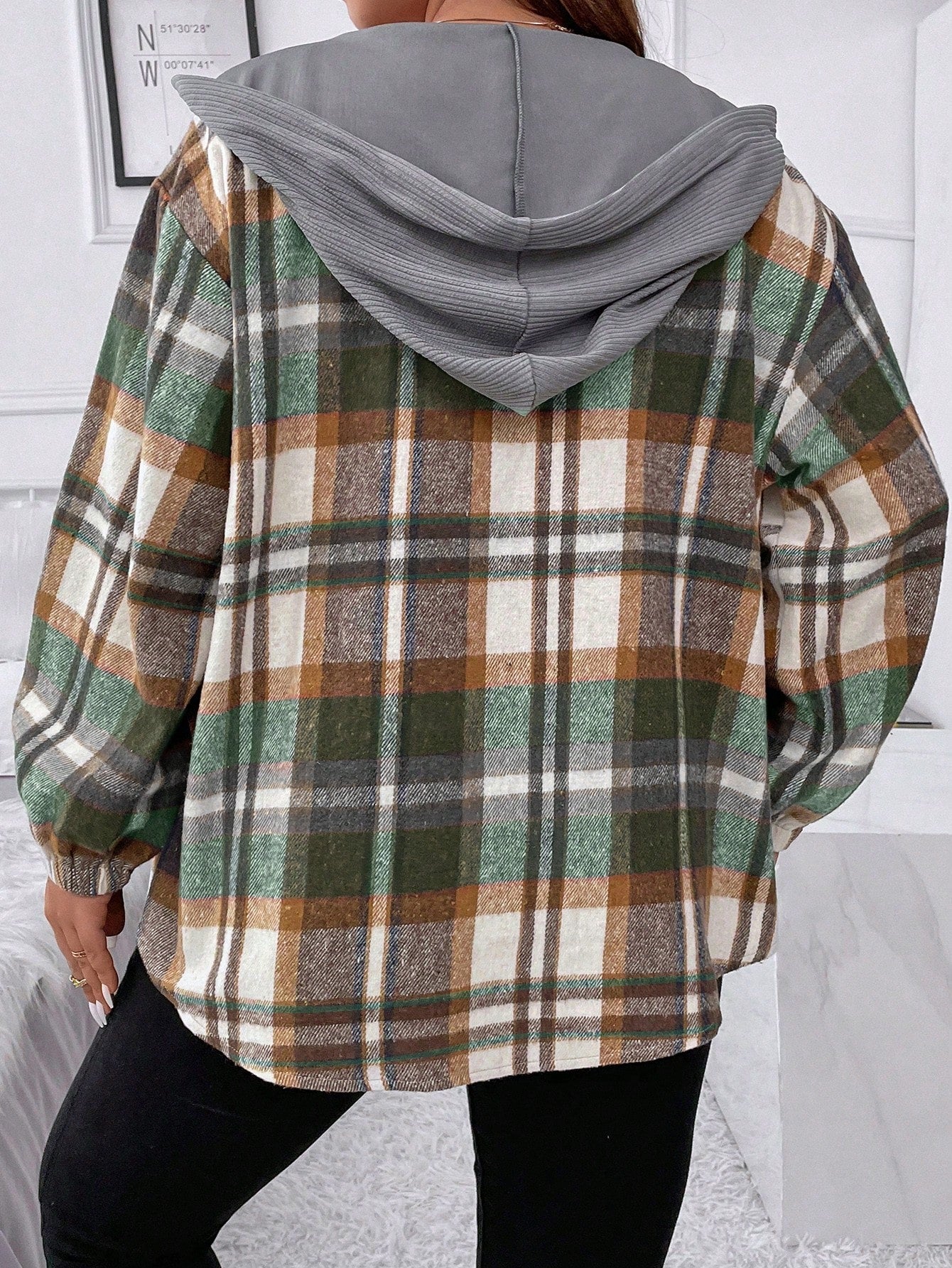 Flirla Plus Plaid Drop Shoulder Drawstring Hooded Jacket Fall Winter Cloth For Women Autumn