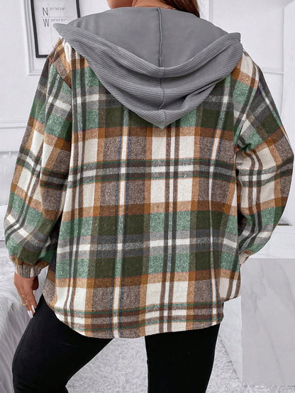 Flirla Plus Plaid Drop Shoulder Drawstring Hooded Jacket Fall Winter Cloth For Women Autumn