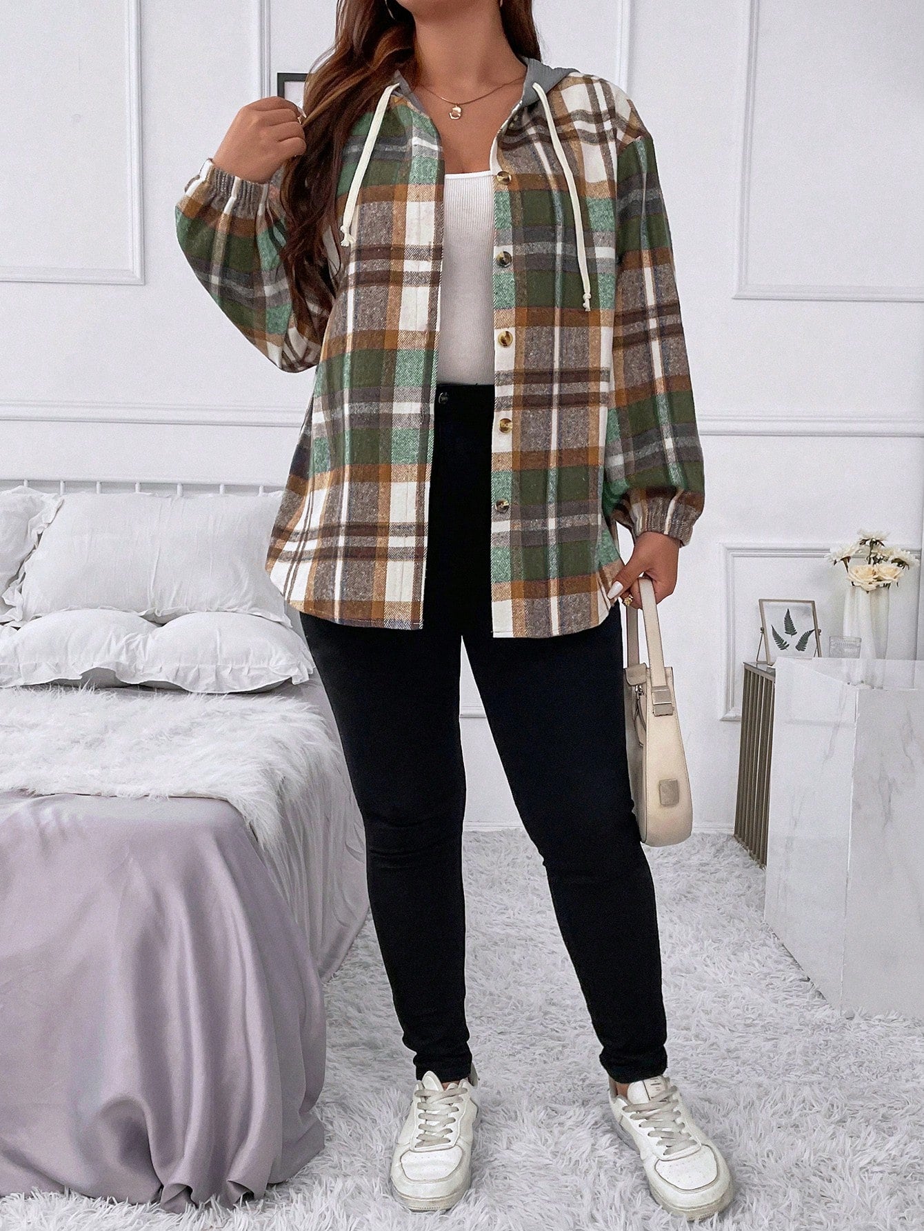 Flirla Plus Plaid Drop Shoulder Drawstring Hooded Jacket Fall Winter Cloth For Women Autumn