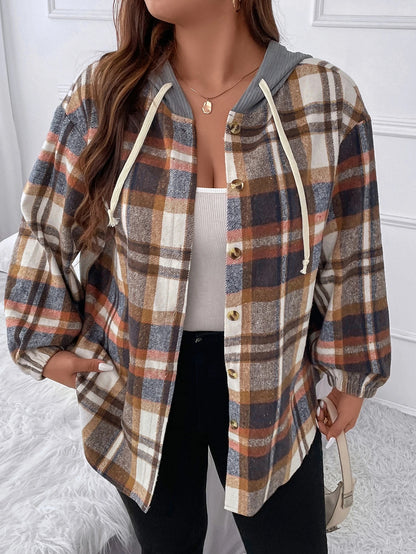 Flirla Plus Plaid Drop Shoulder Drawstring Hooded Jacket Fall Winter Cloth For Women Autumn