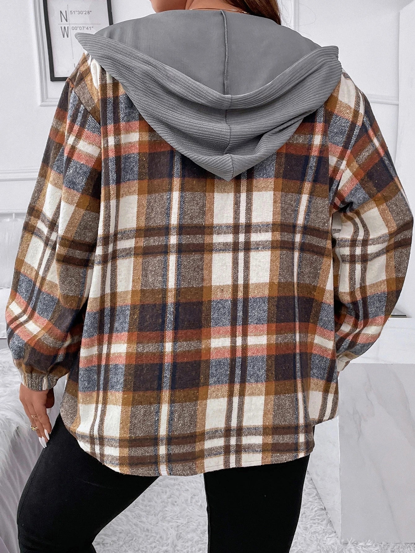 Flirla Plus Plaid Drop Shoulder Drawstring Hooded Jacket Fall Winter Cloth For Women Autumn