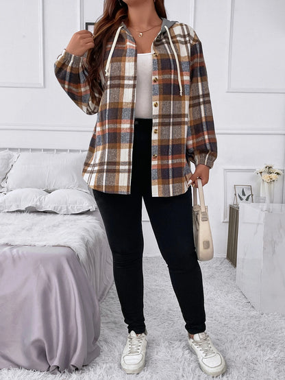 Flirla Plus Plaid Drop Shoulder Drawstring Hooded Jacket Fall Winter Cloth For Women Autumn