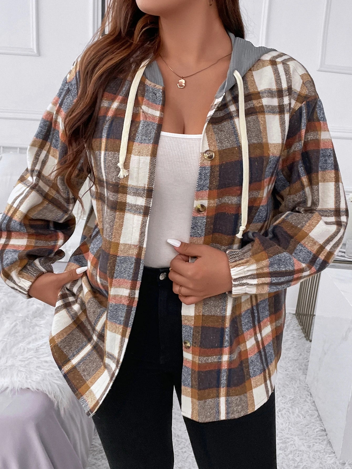 Flirla Plus Plaid Drop Shoulder Drawstring Hooded Jacket Fall Winter Cloth For Women Autumn