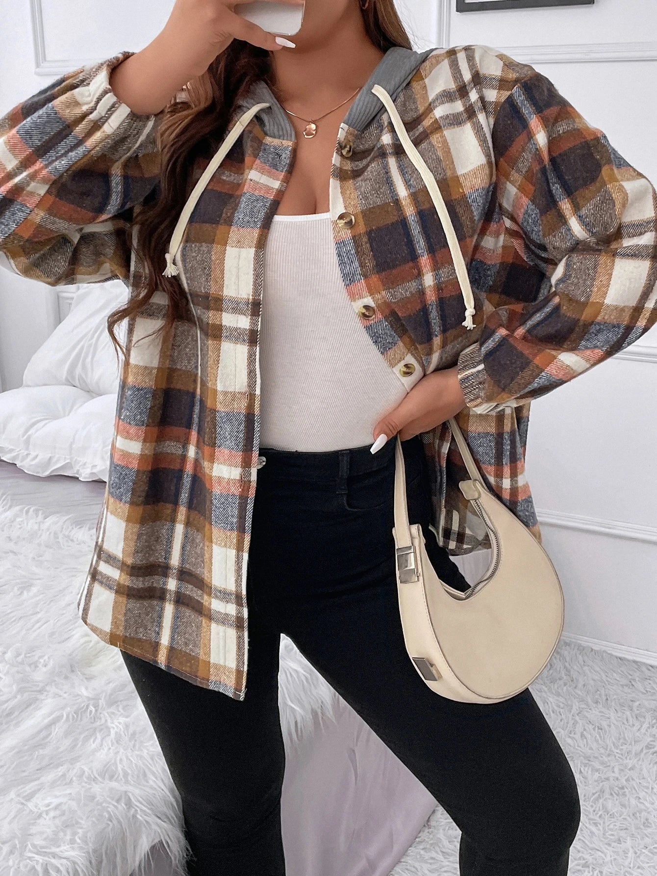 Flirla Plus Plaid Drop Shoulder Drawstring Hooded Jacket Fall Winter Cloth For Women Autumn