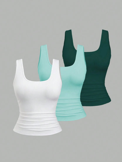 Flirla Plus Size Women Summer Short Square Neck Pleated Casual Tank Top