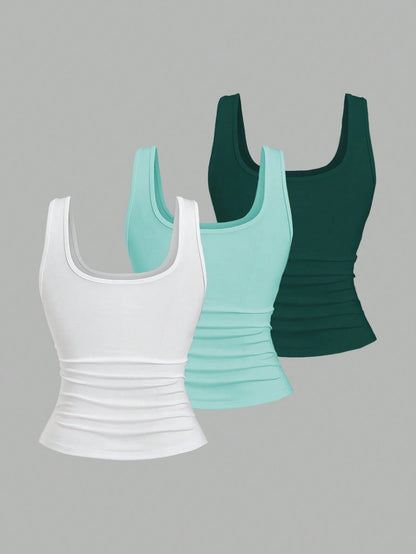 Flirla Plus Size Women Summer Short Square Neck Pleated Casual Tank Top