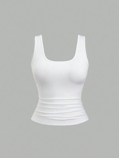Flirla Plus Size Women Summer Short Square Neck Pleated Casual Tank Top