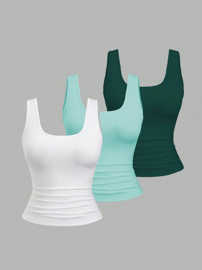 Flirla Plus Size Women Summer Short Square Neck Pleated Casual Tank Top