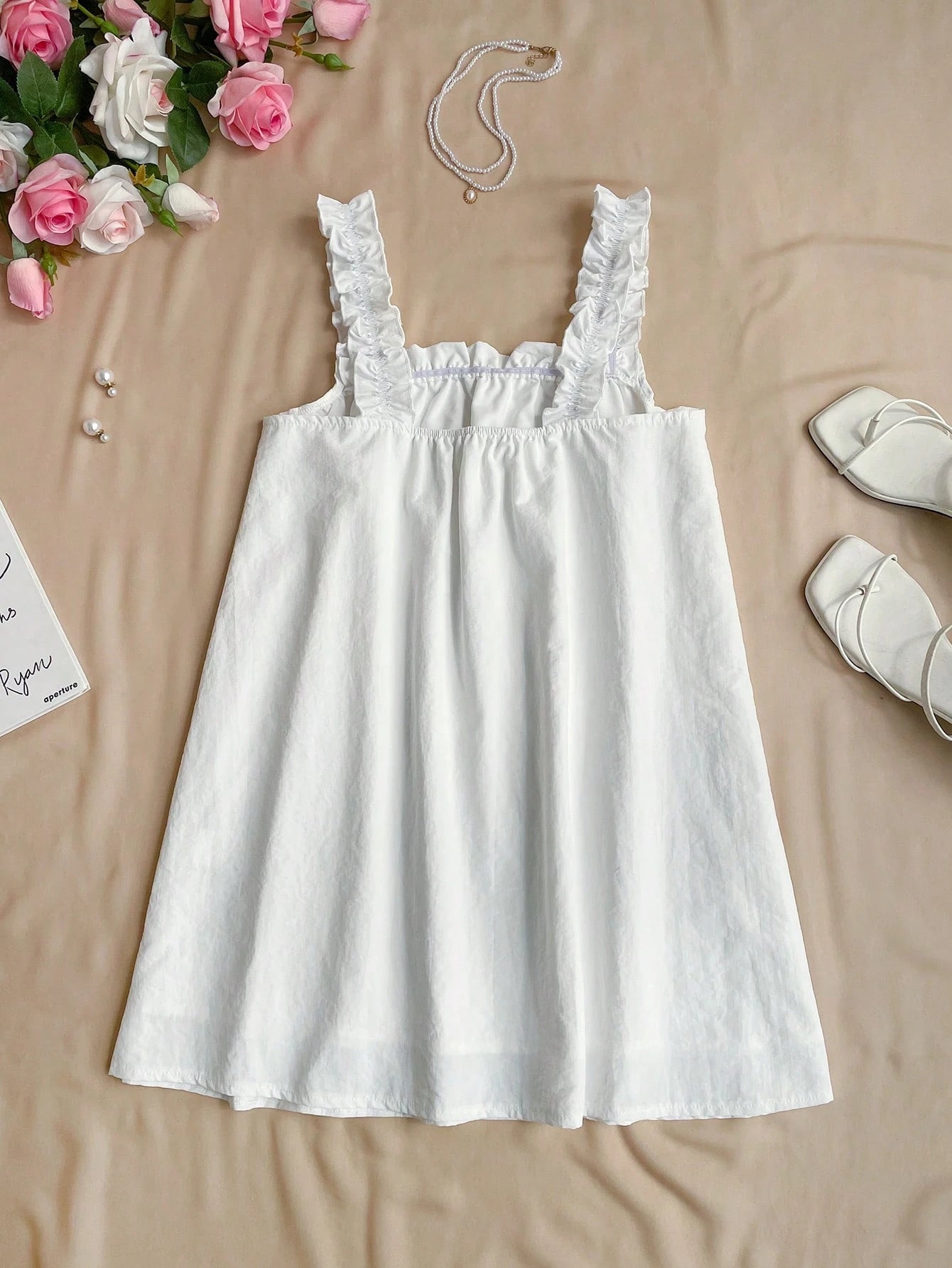 Flirla Vacation Style Simple Frill Strap Solid Color Collared A-Line Mini Dress, Summer