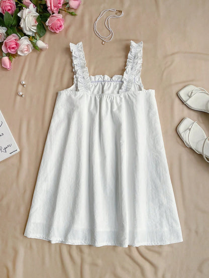 Flirla Vacation Style Simple Frill Strap Solid Color Collared A-Line Mini Dress, Summer