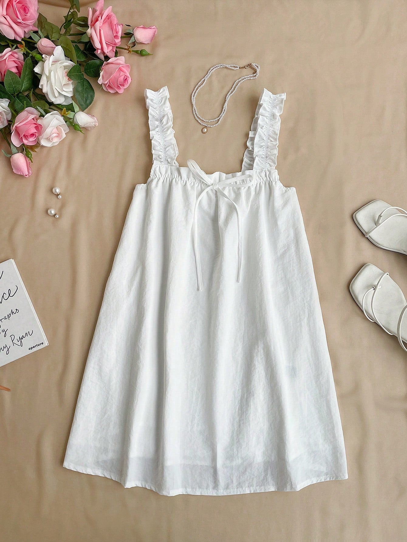 Flirla Vacation Style Simple Frill Strap Solid Color Collared A-Line Mini Dress, Summer
