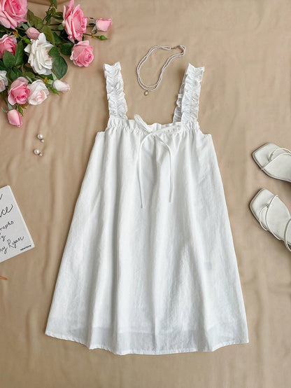 Flirla Vacation Style Simple Frill Strap Solid Color Collared A-Line Mini Dress, Summer
