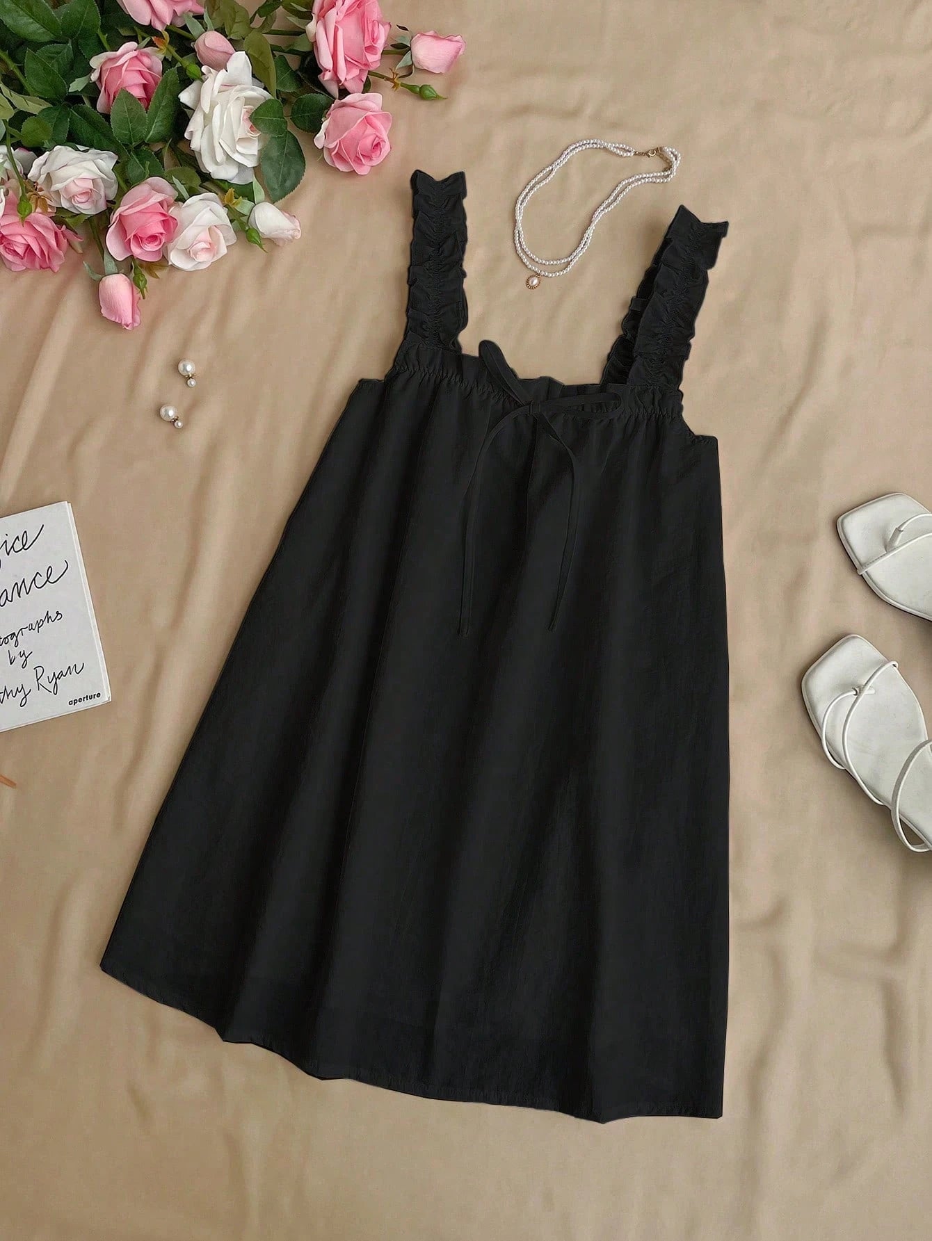 Flirla Vacation Style Simple Frill Strap Solid Color Collared A-Line Mini Dress, Summer