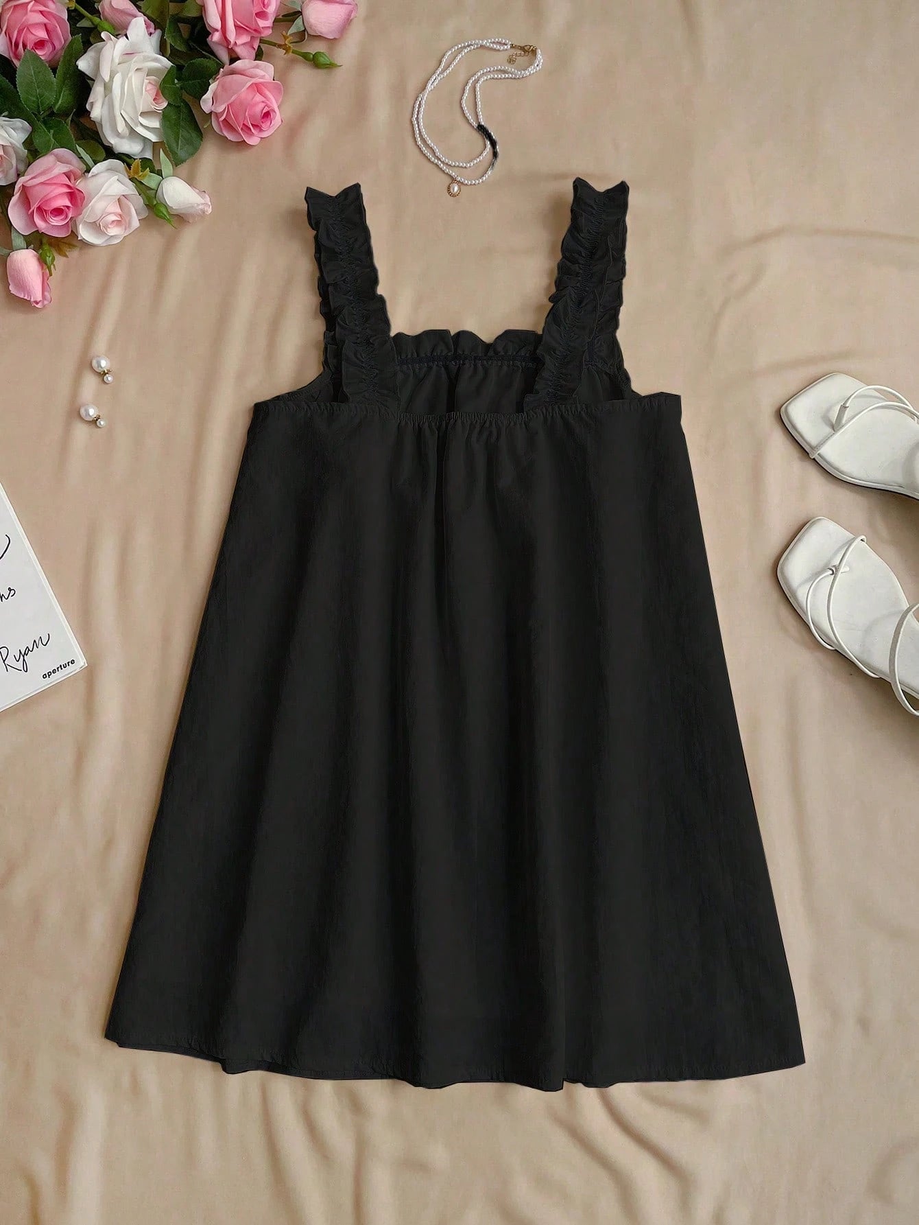 Flirla Vacation Style Simple Frill Strap Solid Color Collared A-Line Mini Dress, Summer