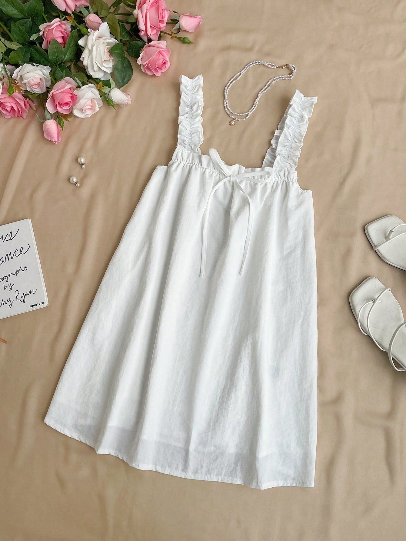 Flirla Vacation Style Simple Frill Strap Solid Color Collared A-Line Mini Dress, Summer