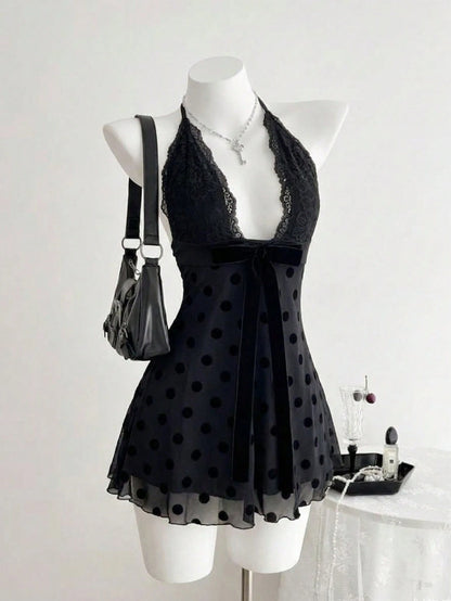 Flirla Women's Black Polka Dot Lace Patchwork Sexy V-Neck Fitted Mini Cocktail Dress, Summer