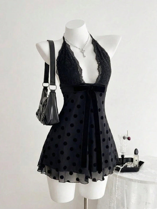 Flirla Women's Black Polka Dot Lace Patchwork Sexy V-Neck Fitted Mini Cocktail Dress, Summer