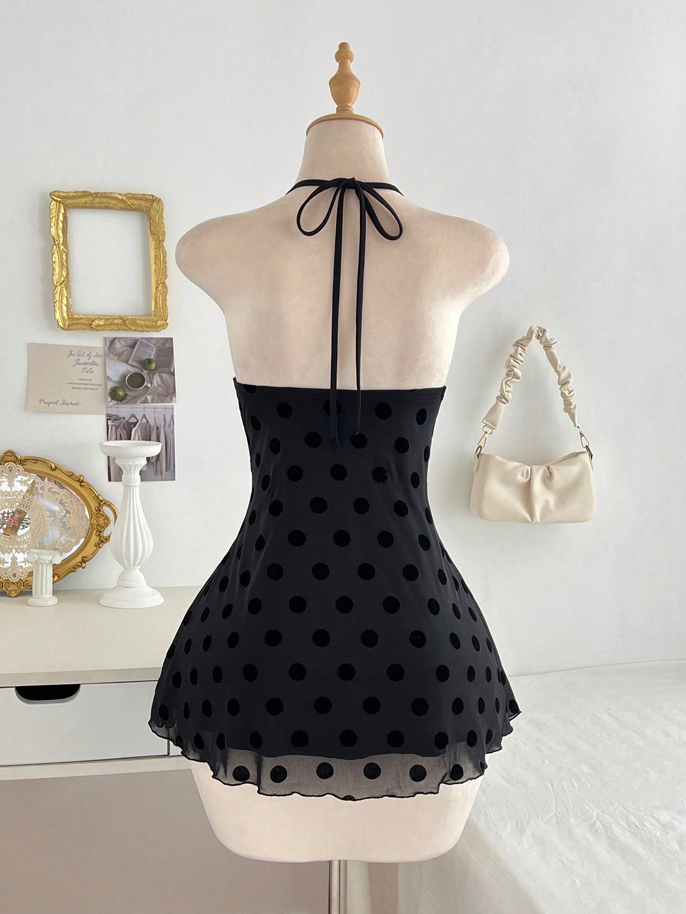 Flirla Women's Black Polka Dot Lace Patchwork Sexy V-Neck Fitted Mini Cocktail Dress, Summer