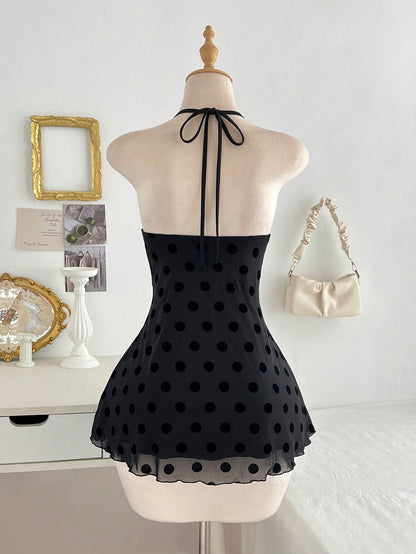 Flirla Women's Black Polka Dot Lace Patchwork Sexy V-Neck Fitted Mini Cocktail Dress, Summer