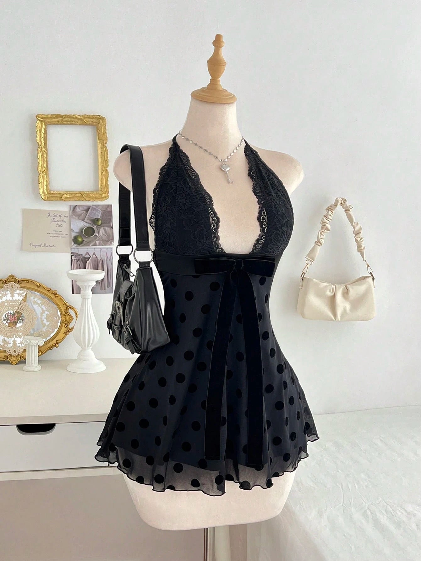 Flirla Women's Black Polka Dot Lace Patchwork Sexy V-Neck Fitted Mini Cocktail Dress, Summer