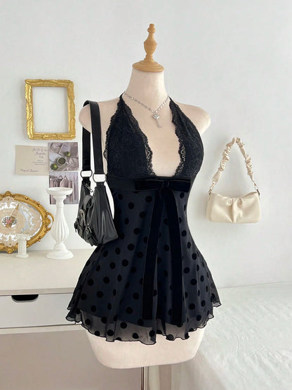 Flirla Women's Black Polka Dot Lace Patchwork Sexy V-Neck Fitted Mini Cocktail Dress, Summer