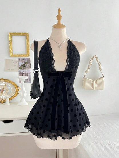 Flirla Women's Black Polka Dot Lace Patchwork Sexy V-Neck Fitted Mini Cocktail Dress, Summer