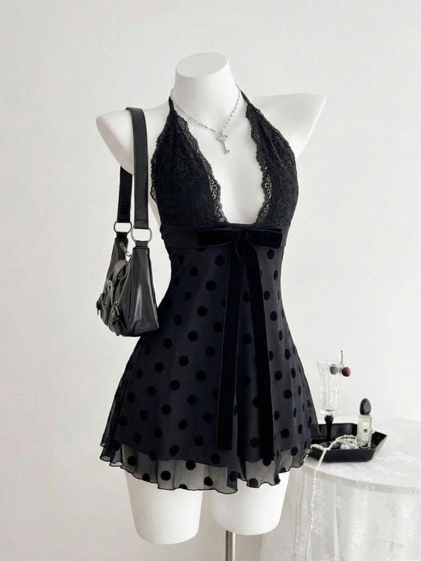 Flirla Women's Black Polka Dot Lace Patchwork Sexy V-Neck Fitted Mini Cocktail Dress, Summer