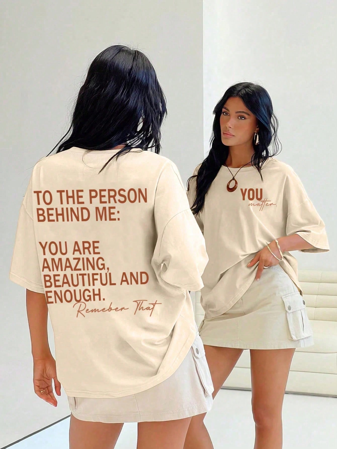 Flirla Women's Plus Size Beige Summer Casual Everyday Letter Print Short Sleeve T-Shirt,TO THE PERSON BEHIND ME:YOU ARE AMAZING,BEAUTIFUL AND ENOUGH Tops