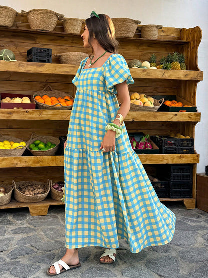 Flora Isola Flora Isola Women's Plaid Square Neck Puff Sleeve Maxi Dress,Retro Bohemian Style Blue And Yellow,Summer,Casual,Holiday,Vacation,Holiday For Daily Outings