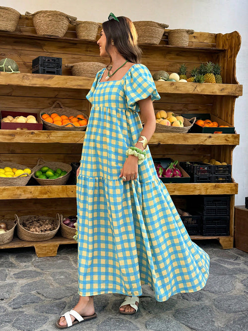 Flora Isola Flora Isola Women's Plaid Square Neck Puff Sleeve Maxi Dress,Retro Bohemian Style Blue And Yellow,Summer,Casual,Holiday,Vacation,Holiday For Daily Outings